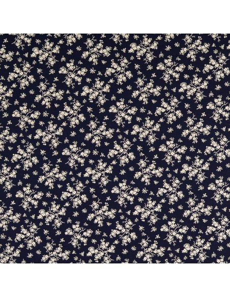 Tessuto di cotone vintage - Sfondo blu marino con piccoli fiori écru