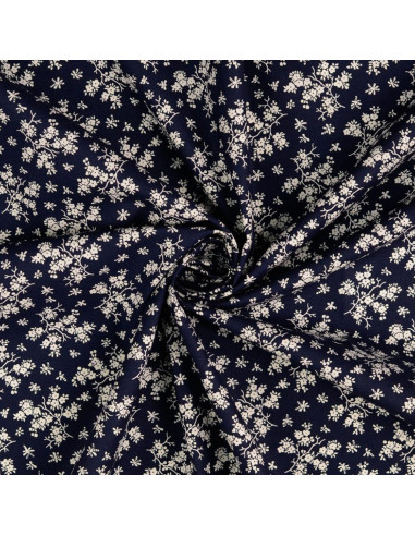 Tessuto di cotone vintage - Sfondo blu marino con piccoli fiori écru
