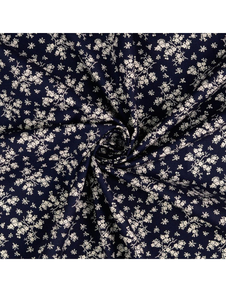 Tessuto di cotone vintage - Sfondo blu marino con piccoli fiori écru