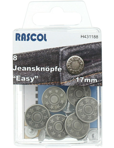 Scatola di 8 bottoni jeans 17mm Rascol - Argento opaco stelle