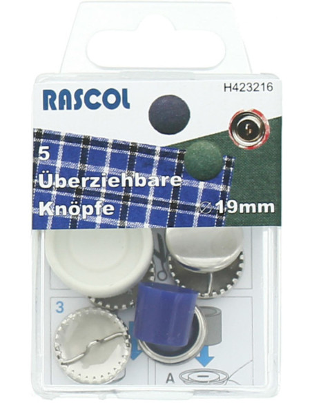 Scatola di 5 bottoni da rivestire con attrezzo Rascol - 19 mm