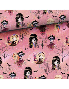 Tessuto felpato - Fate di Halloween su sfondo rosa