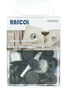 Scatola di 10 bottoni a pressione anorak Rascol - 15 mm nero