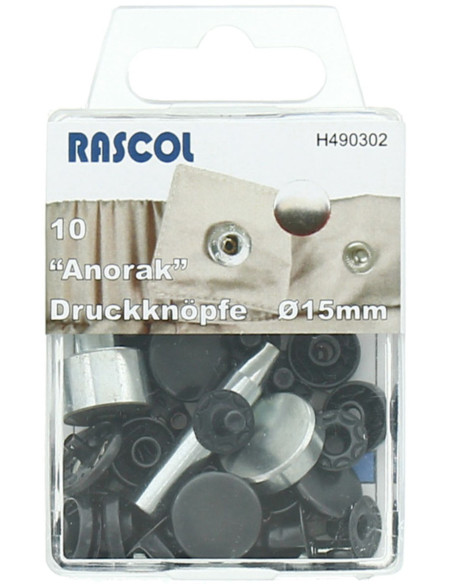 Scatola di 10 bottoni a pressione anorak Rascol - 15 mm nero