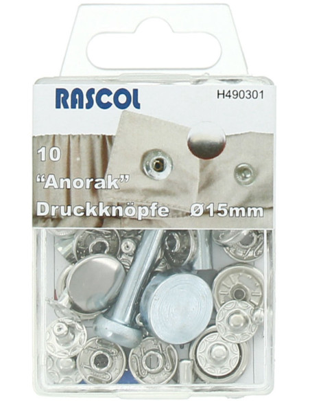 Scatola di 10 bottoni a pressione anorak Rascol - 15 mm argento