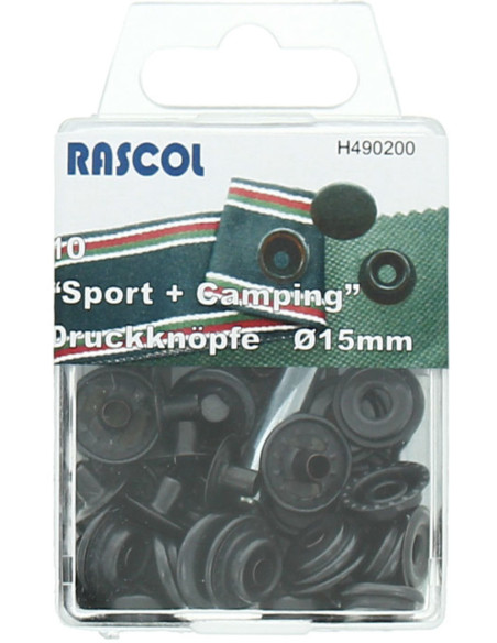 Scatola di 10 bottoni a pressione sport campeggio Rascol - 15 mm nero