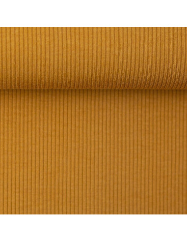 Tessuto jersey di cotone a maglia fine a coste - Giallo ocra