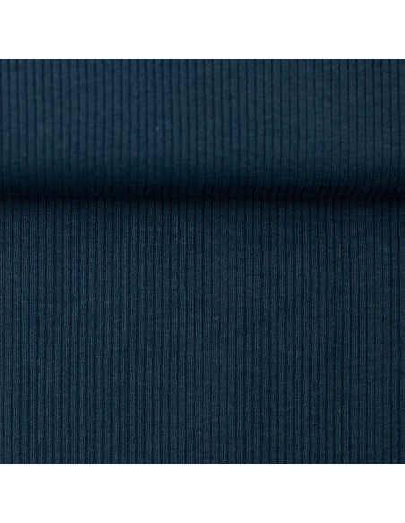 Tessuto jersey di cotone a maglia fine a coste - Blu petrolio