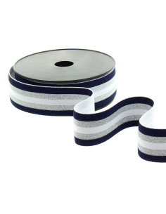 Elastico fantasia lurex a righe blu navy, bianco e argento 40 mm