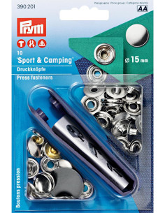 Scatola di 10 bottoni a pressione sport campeggio Nichel con attrezzo 15 mm