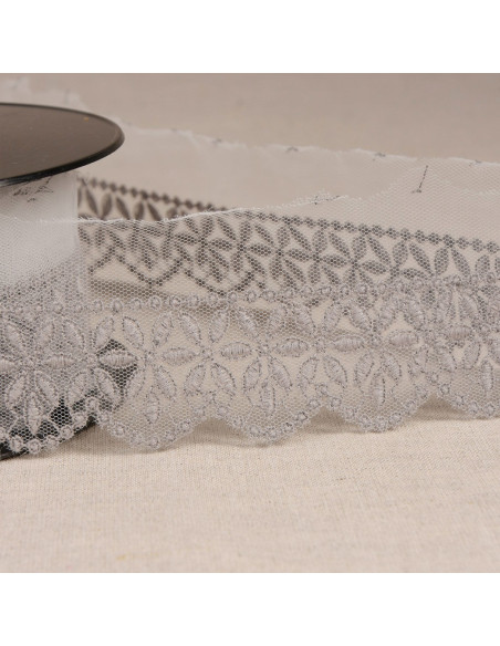 Tulle ricamato con fiori a rosone - Grigio medio