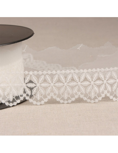 Tulle ricamato fiori rosone - Bianco