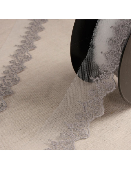 Tulle ricamato con fiori - Grigio medio