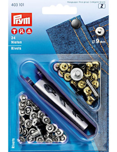 Scatola di 24 rivetti da 9 mm con attrezzo - Argento e Nero