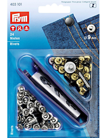 Scatola di 24 rivetti da 9 mm con attrezzo - Argento e Nero