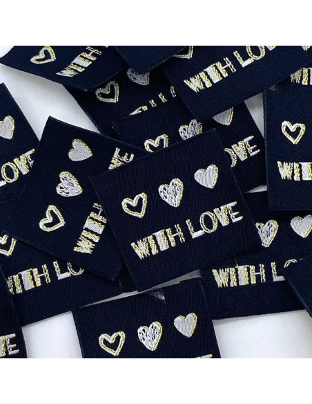 Set di 5 etichette tessute da cucire With Love lurex