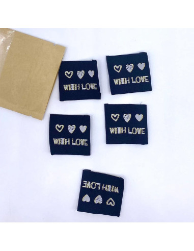Set di 5 etichette tessute da cucire With Love lurex