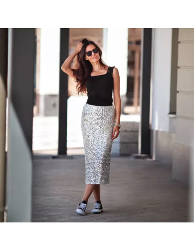 Tessuto elasticizzato con paillettes - Nero