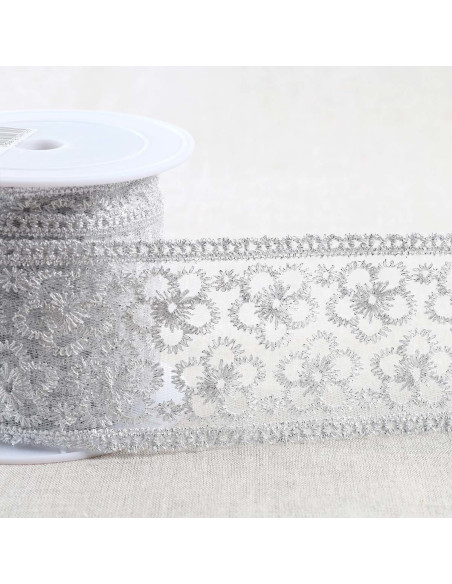 Ricamo metallico fiori su tulle - Argento