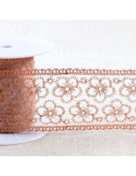 Ricamo metallico fiori su tulle - Oro rosa
