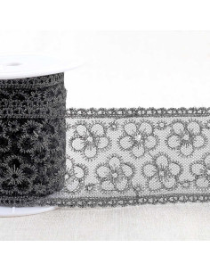 Ricamo metallico fiori su tulle - Nero e argento