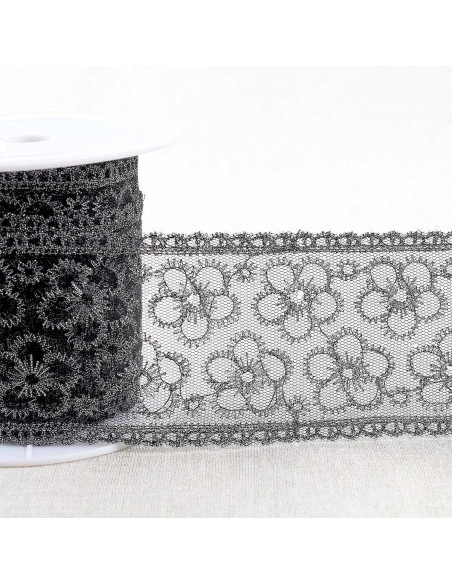 Ricamo metallico fiori su tulle - Nero e argento