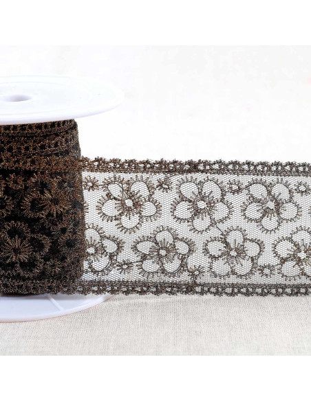 Ricamo metallico fiori su tulle - Nero e oro