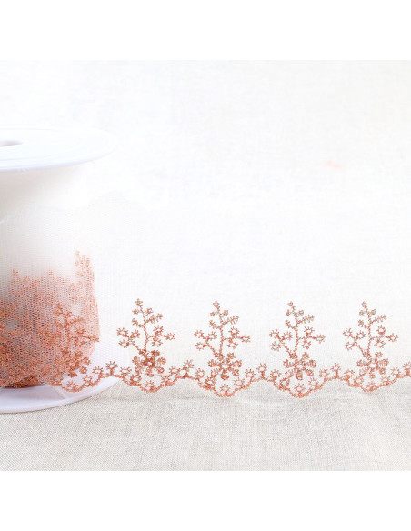 Ricamo metallico campestre su tulle - Oro rosa