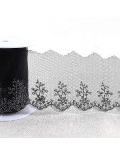 Ricamo metallico campestre su tulle - Nero e argento