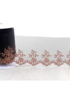 Ricamo metallico campestre su tulle - Nero, oro e rosa