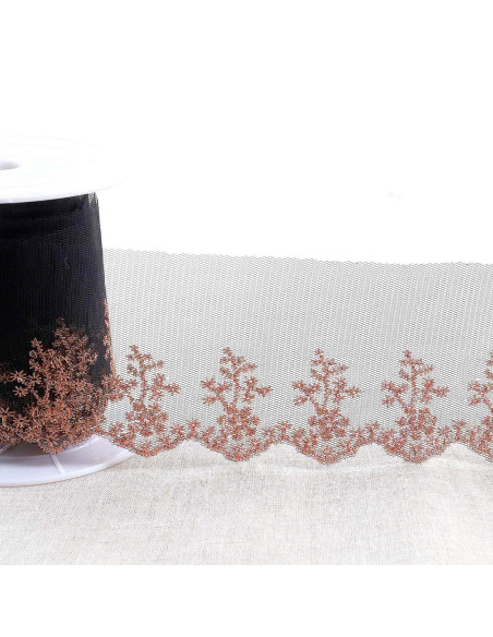 Ricamo metallico campestre su tulle - Nero, oro e rosa