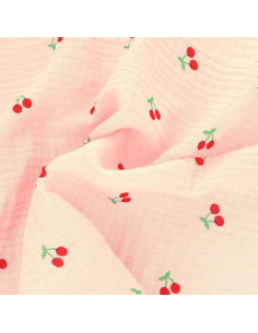 Tessuto doppia garza di cotone - Ciliegie su sfondo rosa