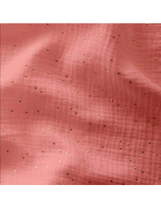 Tessuto doppia garza di cotone mini pois dorati - Sorbetto