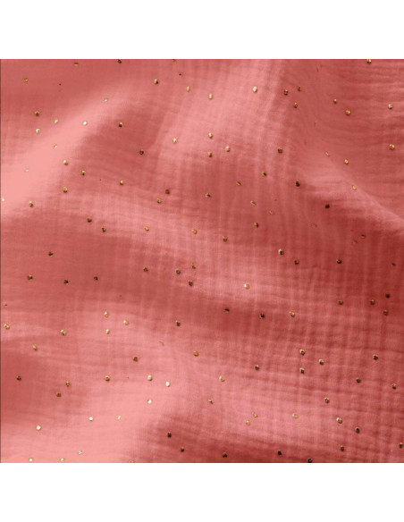 Tessuto doppia garza di cotone mini pois dorati - Sorbetto