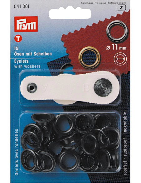 Scatola di 15 occhielli da 11 mm con strumento di applicazione - Nero