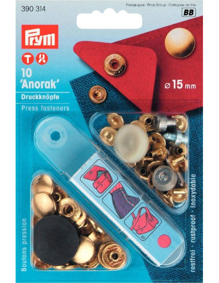 Scatola di 10 bottoni a pressione anorak Oro con attrezzo 15 mm