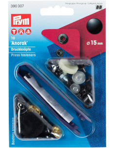 Scatola di 10 bottoni a pressione anorak Nero con attrezzo 15 mm