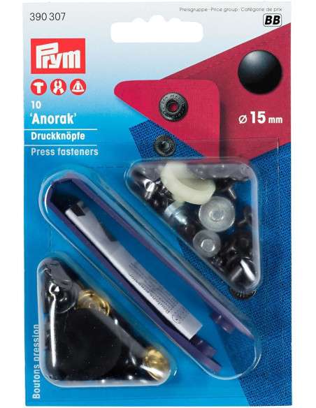 Scatola di 10 bottoni a pressione anorak Nero con attrezzo 15 mm