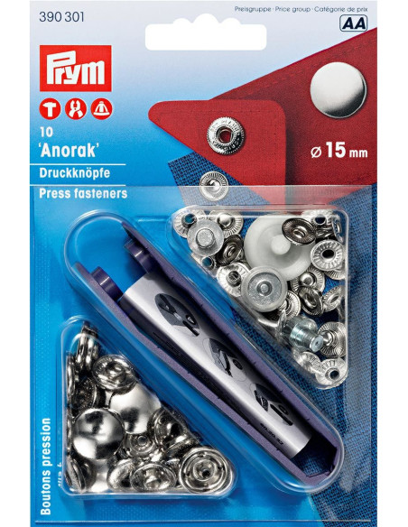 Scatola di 10 bottoni a pressione anorak Argento con attrezzo 15 mm