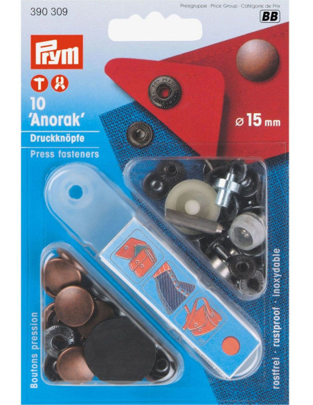 Scatola di 10 bottoni a pressione anorak Rame antico con attrezzo 15 mm