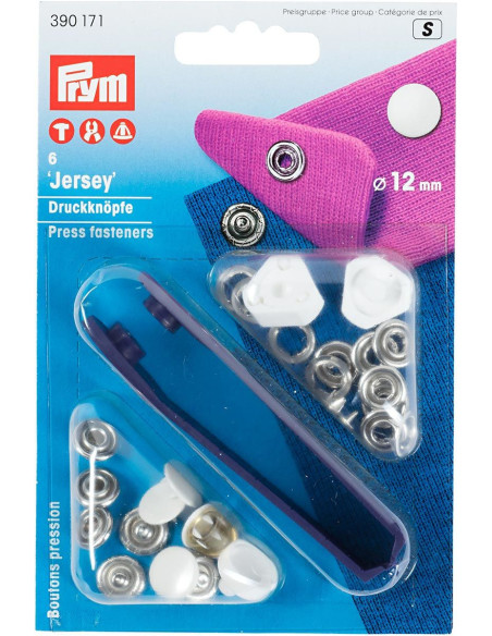 Scatola di 6 bottoni a pressione jersey bianchi con attrezzo 12 mm