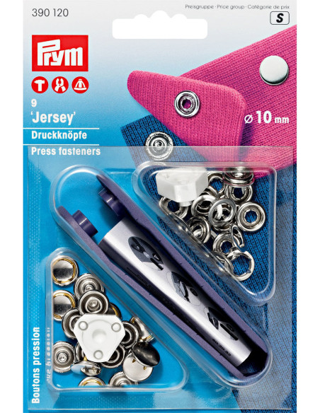 Scatola di 9 bottoni a pressione jersey Nichel con attrezzo 10 mm