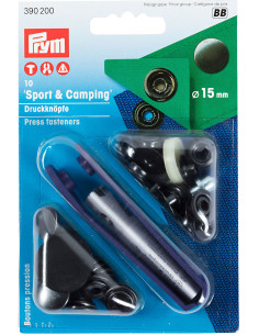 Scatola di 10 bottoni a pressione sport campeggio Nero con attrezzo 15 mm
