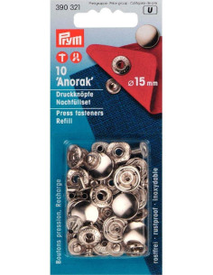 Ricarica di 10 bottoni a pressione anorak 15 mm Argento
