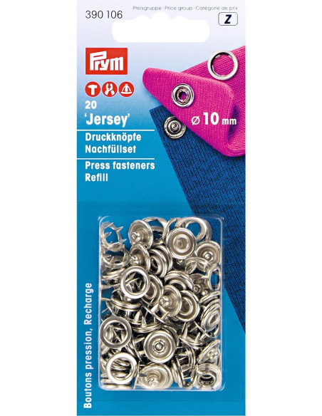 Ricarica di 20 bottoni a pressione jersey 10 mm Argento