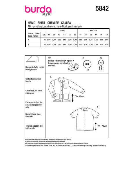 Modello di giacca e camicia - Burda 5842