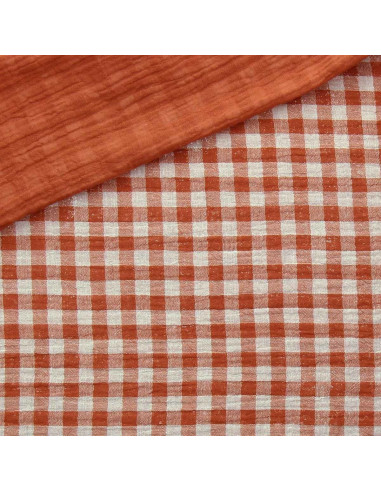 Tessuto doppia garza goffrata vichy - Cognac e bianco sporco