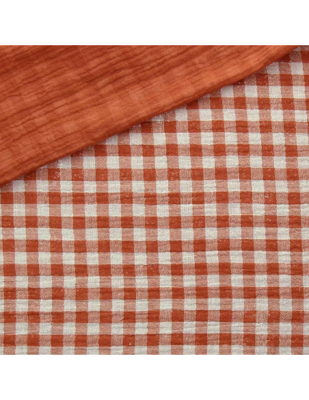 Tessuto doppia garza goffrata vichy - Cognac e bianco sporco
