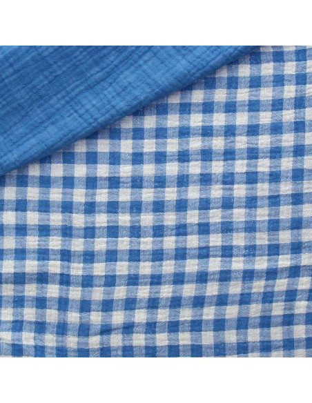 Tessuto doppia garza goffrata vichy - Azzurro e bianco sporco