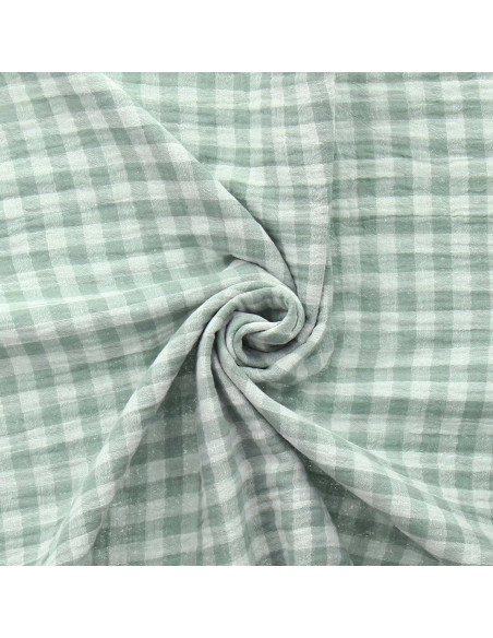 Tessuto doppia garza goffrata vichy - Verde grigio e bianco sporco